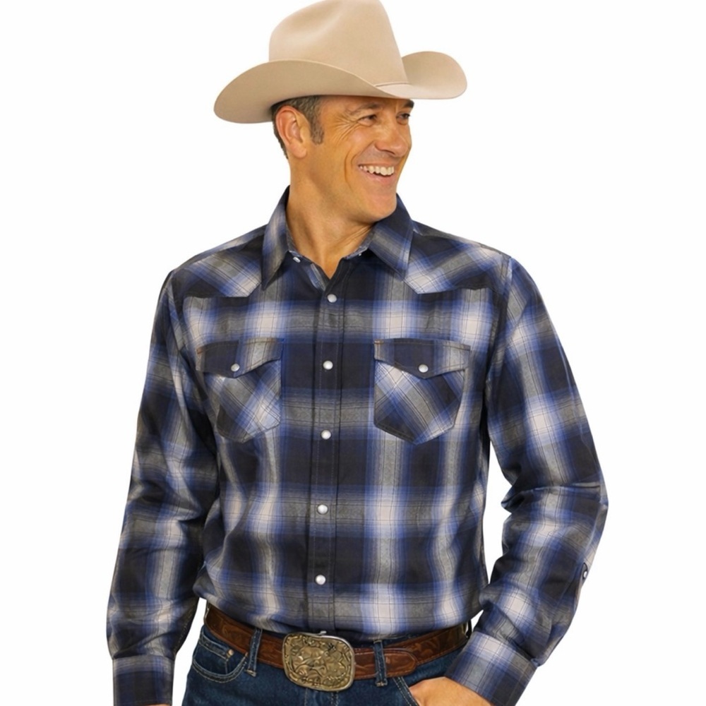 Ely Cattleman Men’s XXL Blue Plaid Western Pearl Snap Shirt Cowboy Style